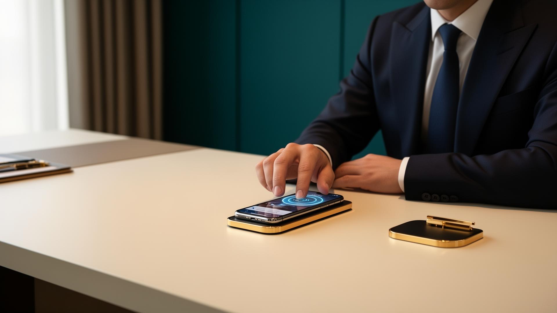 Executive tapping a smartphone to an NFC-enabled customer touchpoint